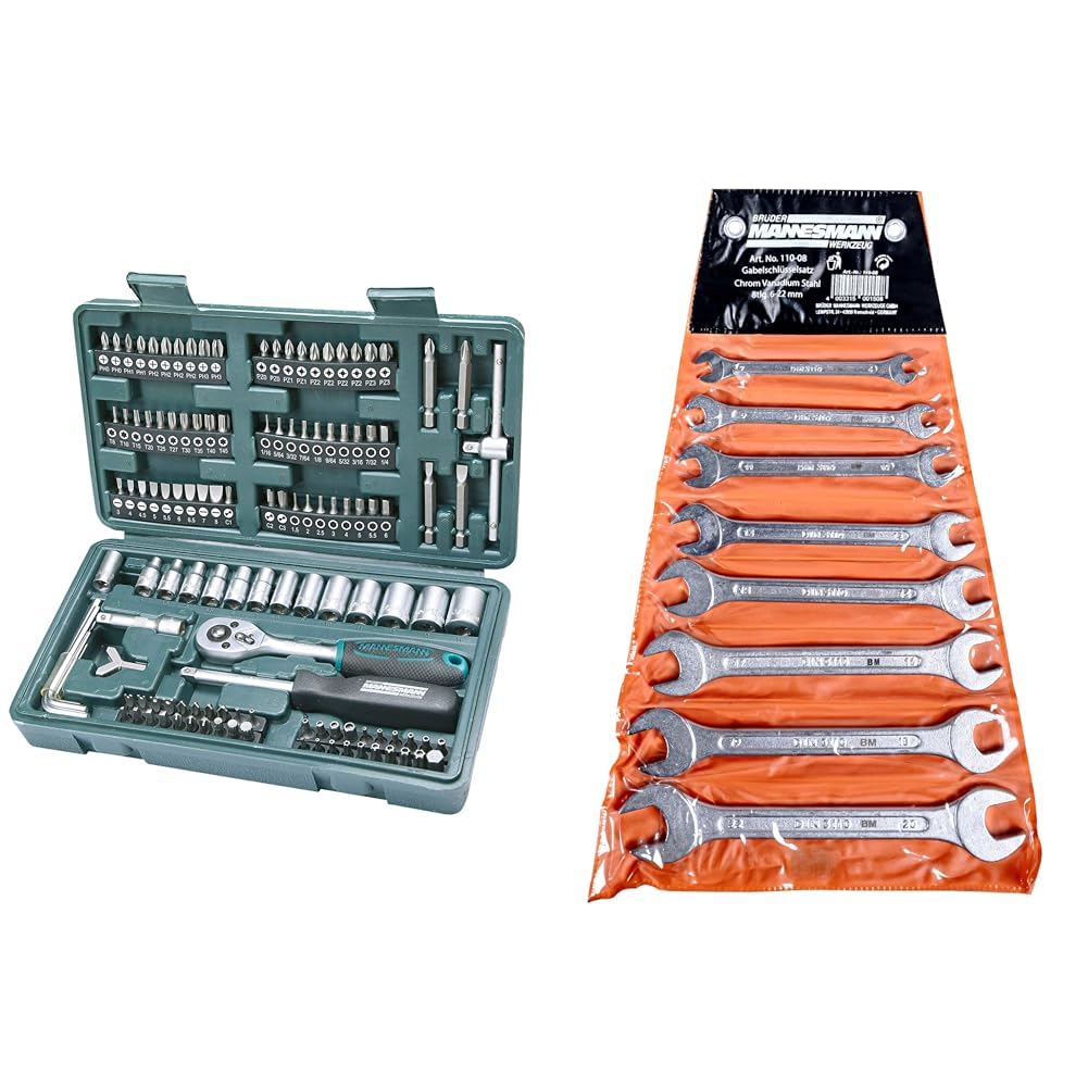 Brüder Mannesmann M29166 Steckschlüssel und Bitsatz, 130-tlg & M 110-08 Gabelschlüsselsatz, 8-tlg, 6