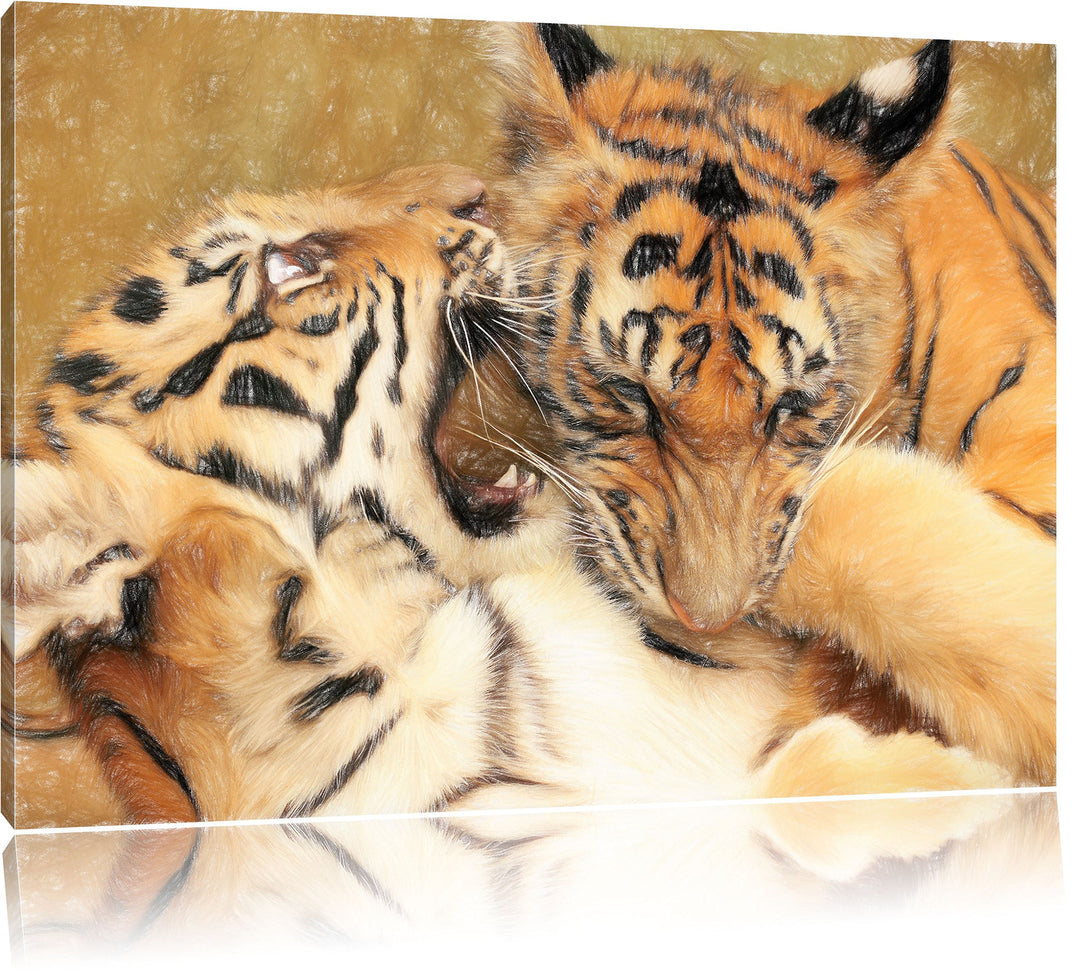 Pixxprint Zwei Junge Tiger beim Kämpfen als Leinwandbild | Grösse: 100x70 | Wandbild| Kunstdruck | f