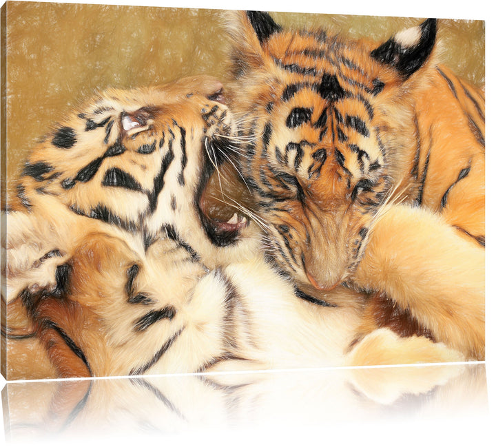 Pixxprint Zwei Junge Tiger beim Kämpfen als Leinwandbild | Grösse: 100x70 | Wandbild| Kunstdruck | f