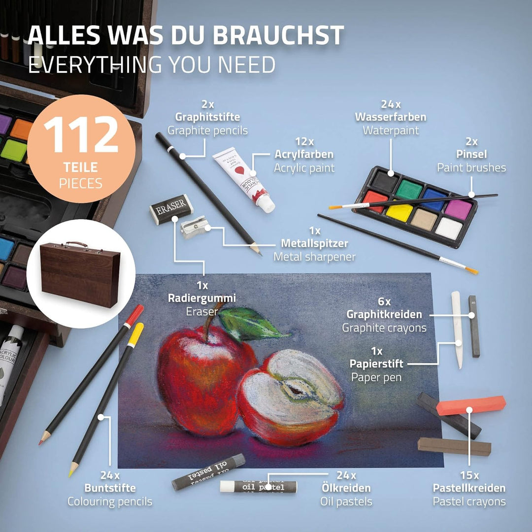 ECD Germany Zeichenset Malset 112 teilig, zum Zeichnen und Malen, Malkoffer aus Holz, für Kinder/Erw