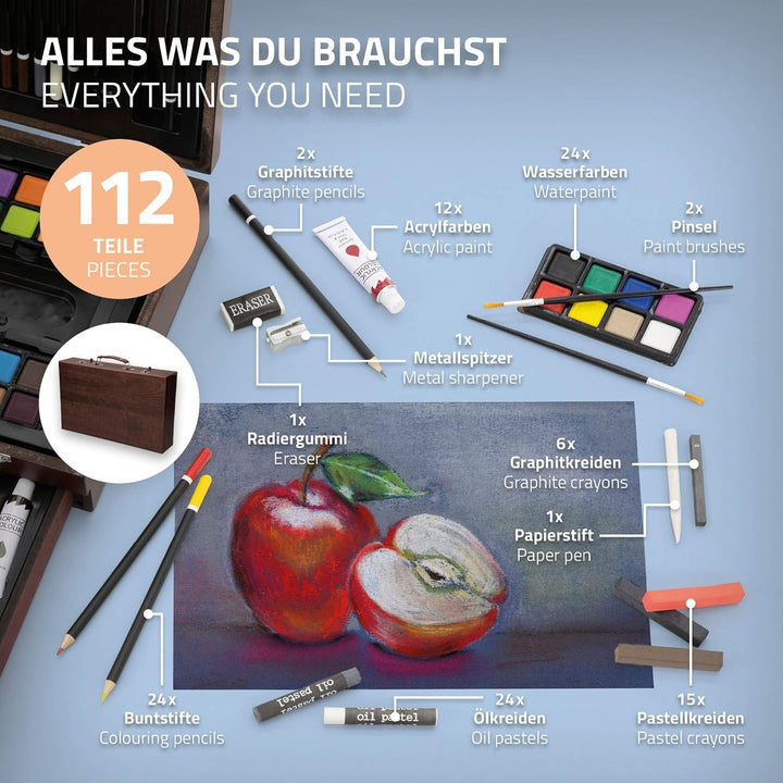 ECD Germany Zeichenset Malset 112 teilig, zum Zeichnen und Malen, Malkoffer aus Holz, für Kinder/Erw