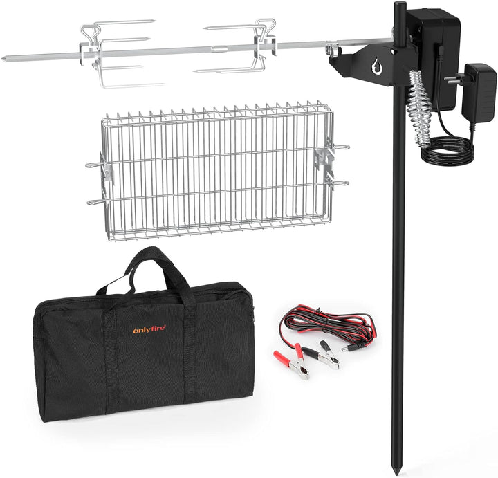 Onlyfire Grillspiess Set für Camping | Elektrische Rotisserie, mit Drehspiesskorb, Spiessgabeln, Bat