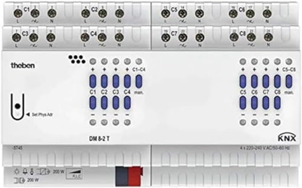Theben 4940285 DM 8-2 T KNX 8-Fach Universal-Dimmaktor FIX2 mit Dimmbereich 0-100%, Vorschaltgerät,