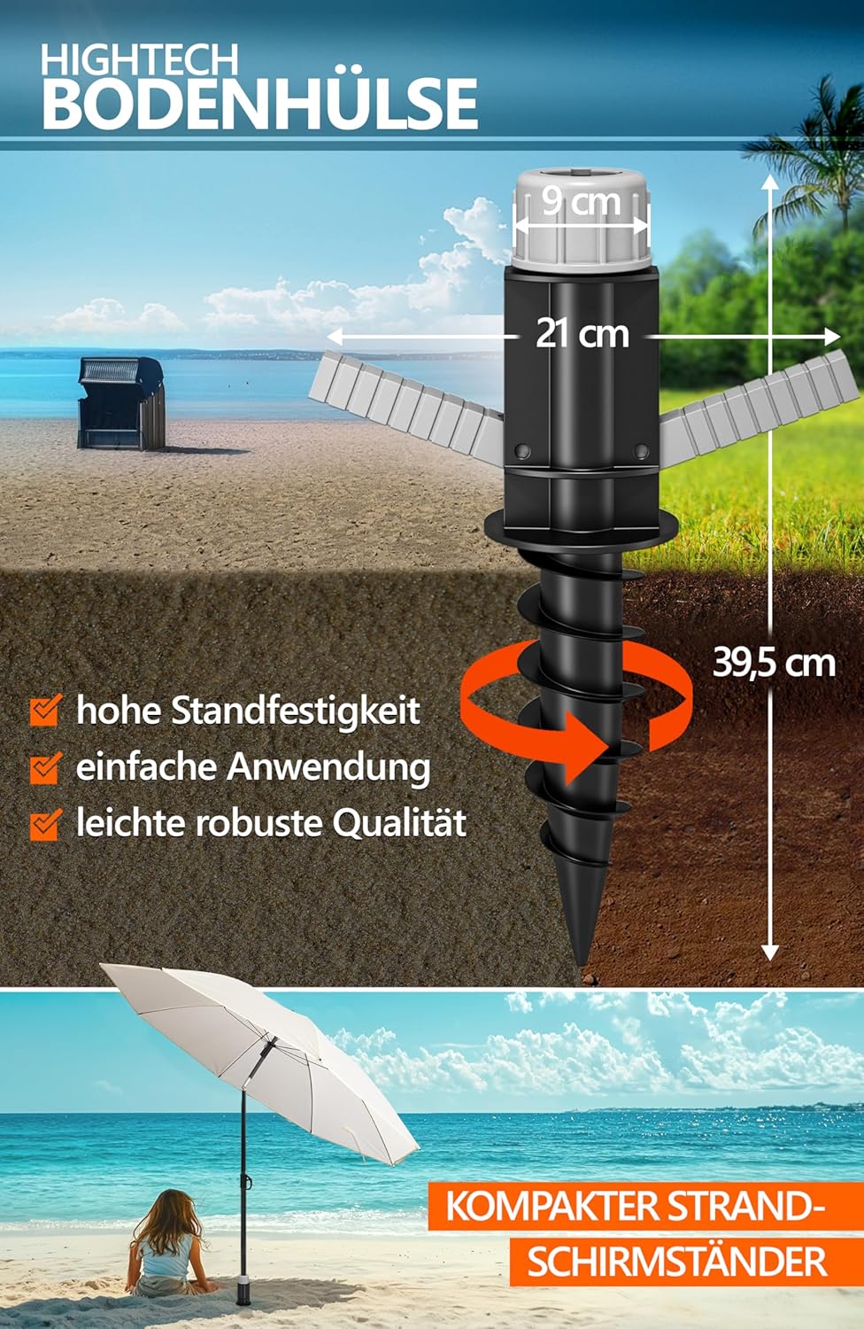 4smile Sonnenschirm Strand SunnyJoy, 3-IN-1 Set - UPF 50+ Strandschirm 160 cm + Sonnenschirm Schutzh