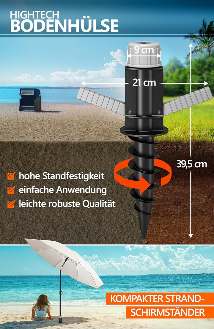 4smile Sonnenschirm Strand SunnyJoy, 3-IN-1 Set - UPF 50+ Strandschirm 160 cm + Sonnenschirm Schutzh