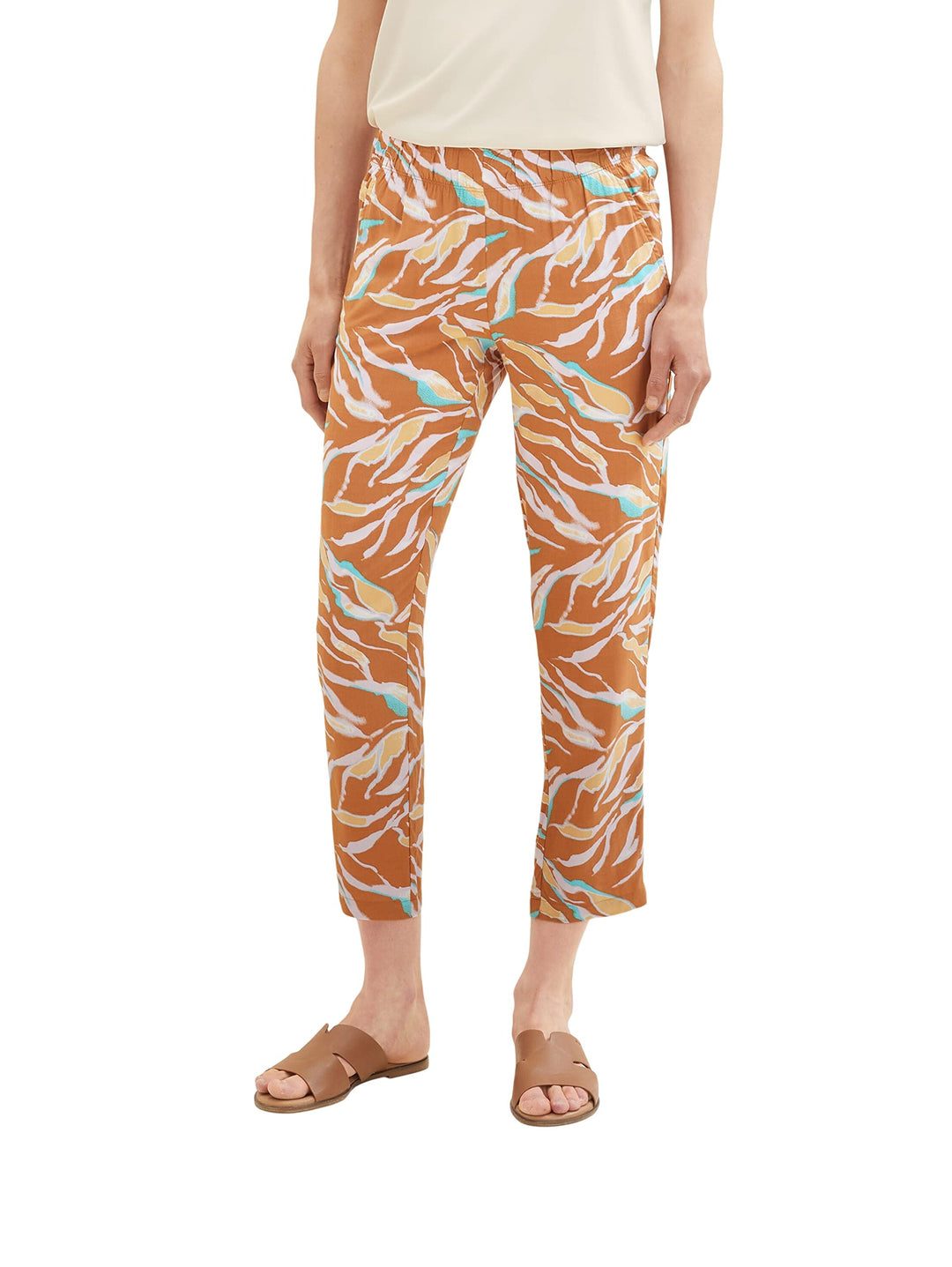 TOM TAILOR Damen Loose Fit Stoffhose 1036632 38W / 28L 31758 - Brown Abstract Leaf Design, 38W / 28L