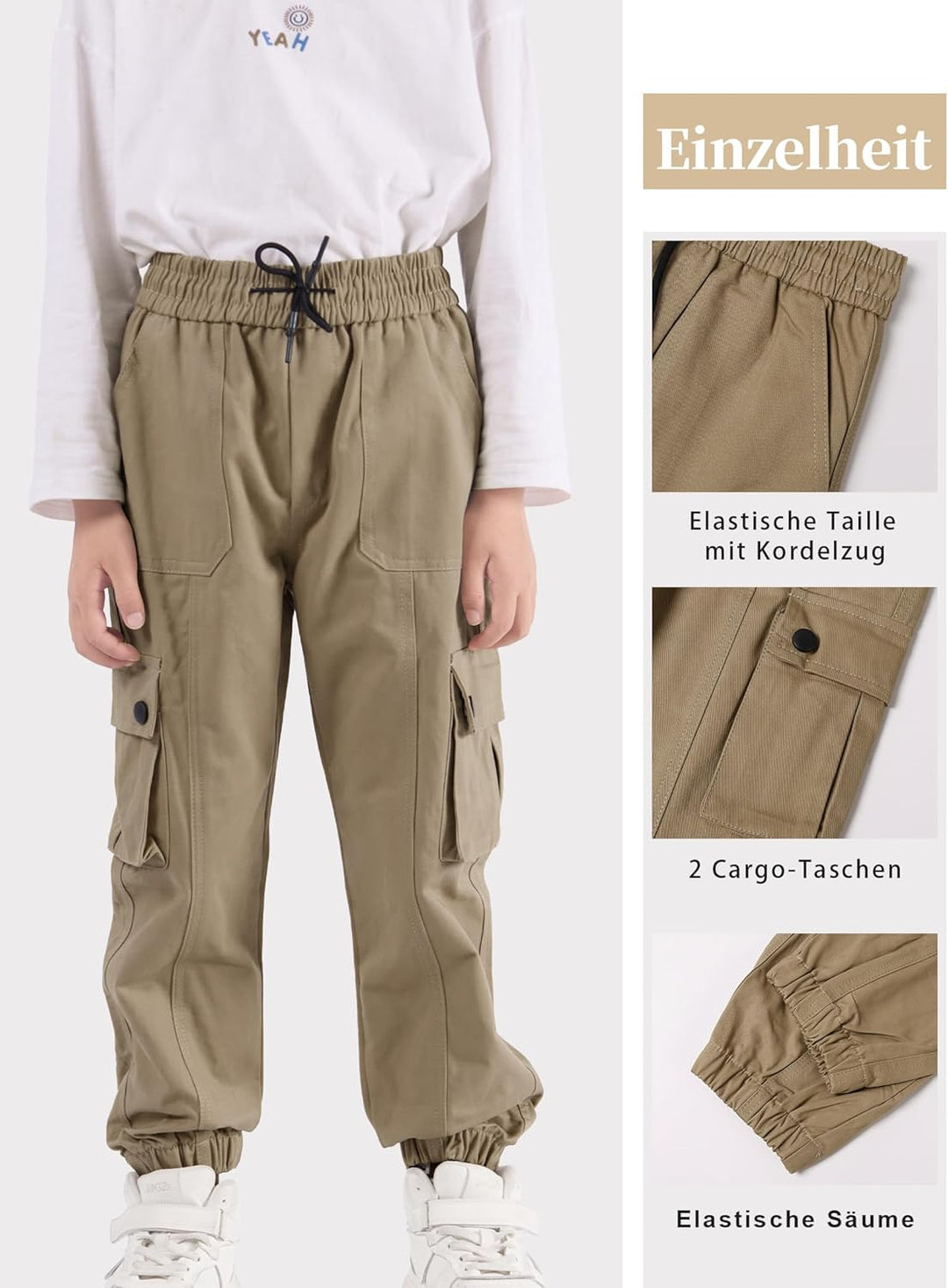 NATUST Kinder Cargo Hose mit elastischem Bund Funktionshose Jungen Jogginghose Outdoor 130 Khaki, 13