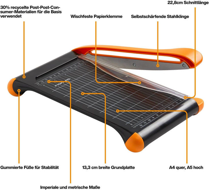 Fiskars Hebel-Papierschneidemaschine, A5-Hochformat, A4-Querformat, Selbstschärfende Klinge, Mit Fin