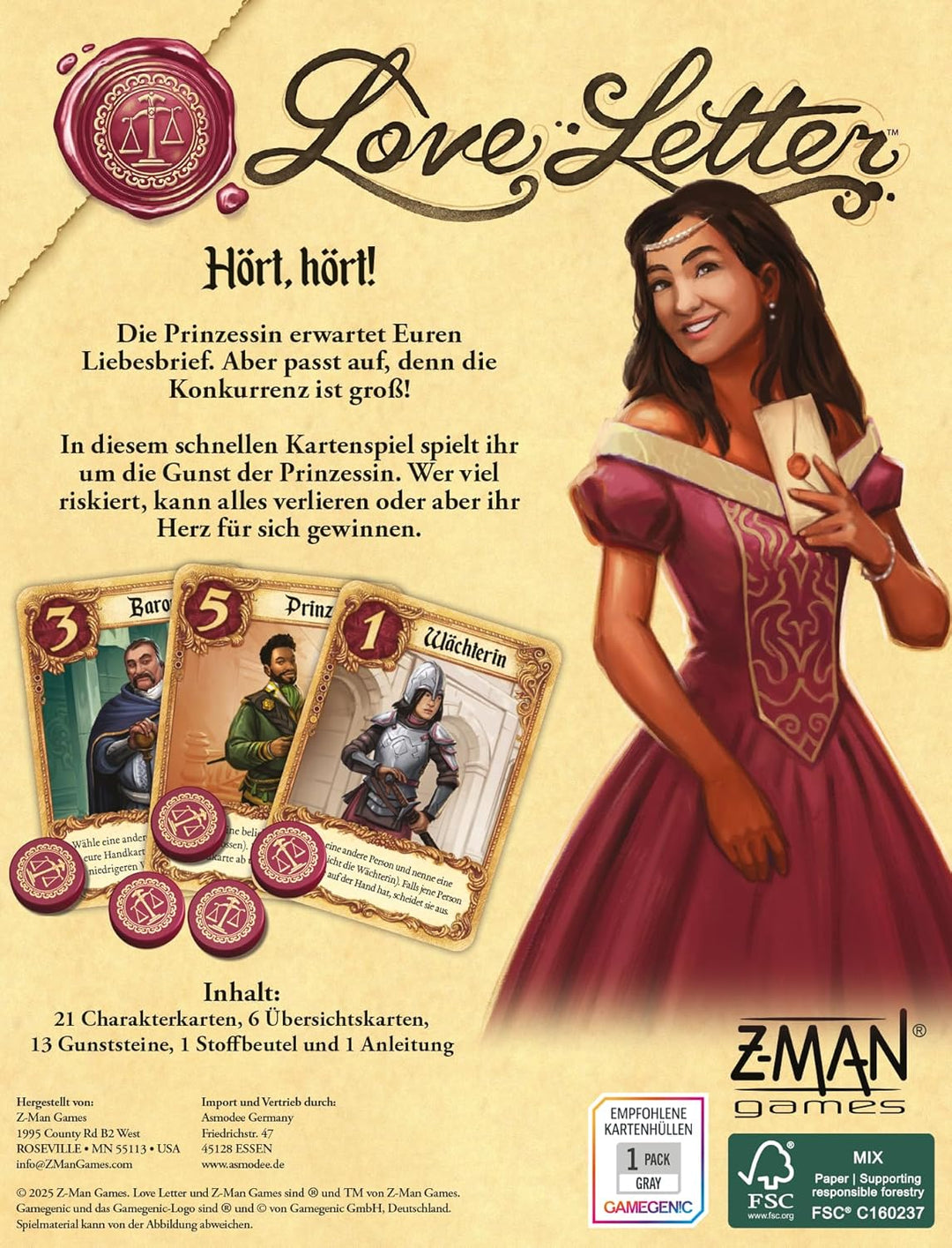 Z-Man Games, Love Letter, Kennerspiel, Kartenspiel, 2-6 Spieler, ab 10+ Jahren, 15 Minuten, Deutsch