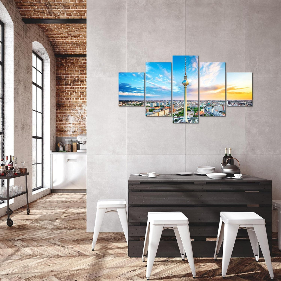 Runa Art Bild Wohnzimmer Büro Berlin Fernsehturm 5 Teilig Städte Blau Bunt Wandbilder auf Vlies Lein