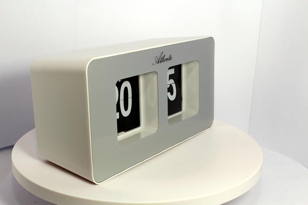 Atlanta Moderne Tischuhr Quarz mit Retro Flip Klapp Anzeige - 4464/19 (Weiss/Silber), Weiß/Silb