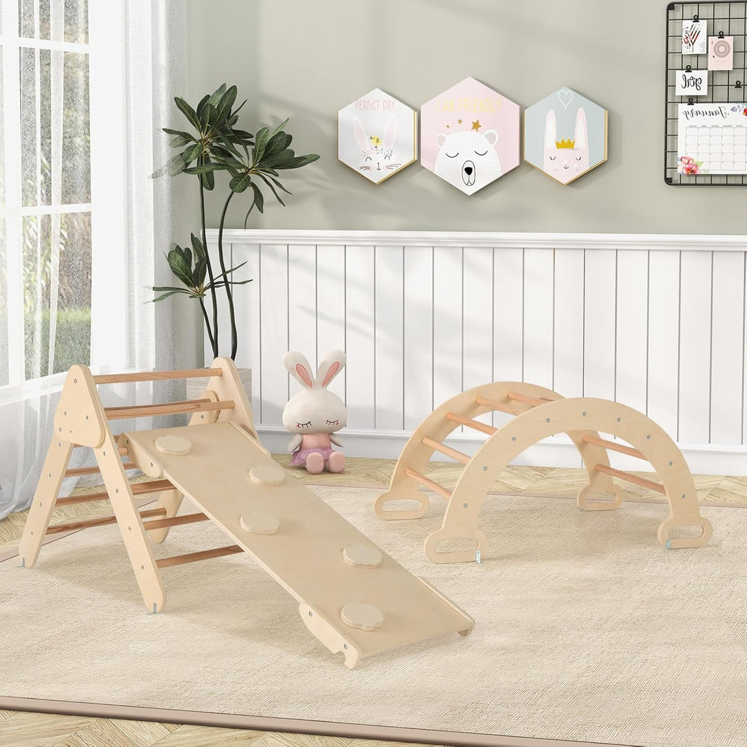 GOPLUS Klettergerüst Indoor, 4 in 1 Kletterdreieck & Kletterbogen & Leiter & Rutsche, Sprossendreiec