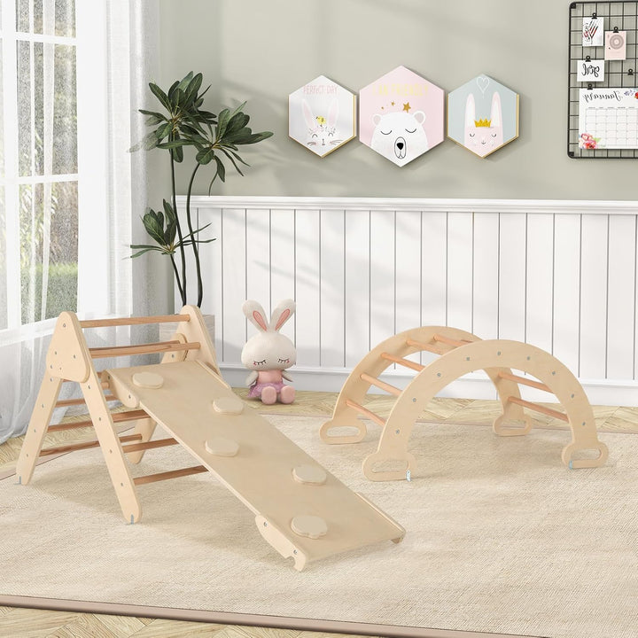 GOPLUS Klettergerüst Indoor, 4 in 1 Kletterdreieck & Kletterbogen & Leiter & Rutsche, Sprossendreiec