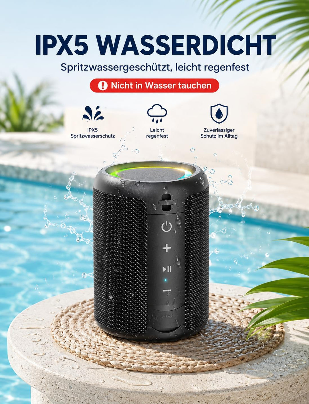 Bluetooth Lautsprecher Kleine Musikbox Bluetooth 5.3 15W mit TWS Modus RGB Lichtern 30 Meter Reichwe