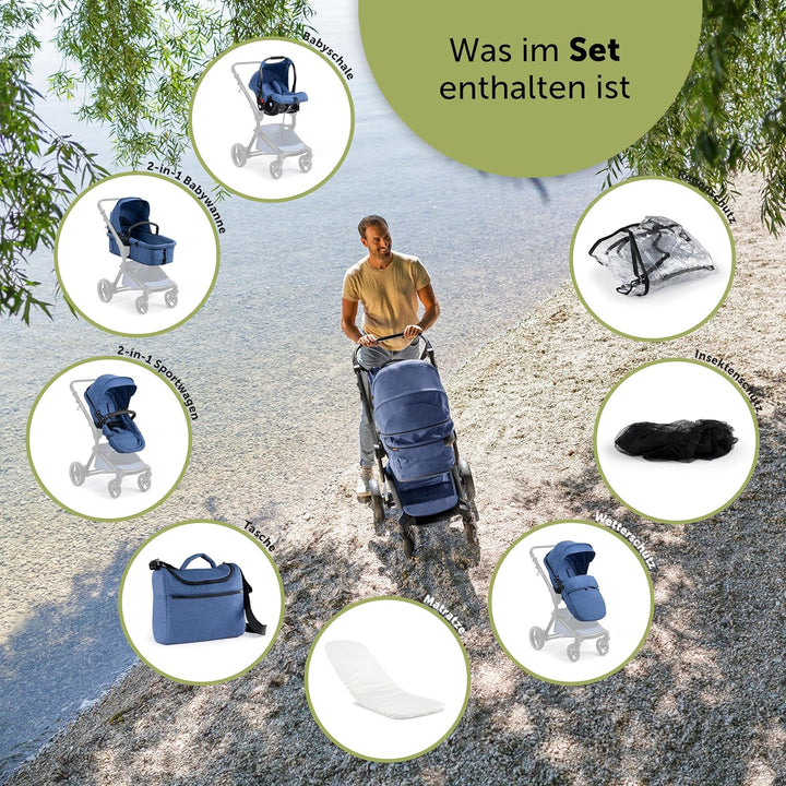 Bergsteiger Kinderwagen Lugo 3in1 | Kombikinderwagen Komplettset inkl. Zubehör - Babyschale, Buggy-A