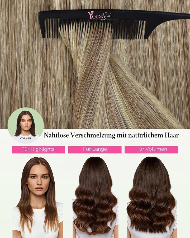 YoungSee Echthaar Extensions Tape Hellbraun 60 cm Tape in Extensions Echthaar Braun Blond Tape in Ex