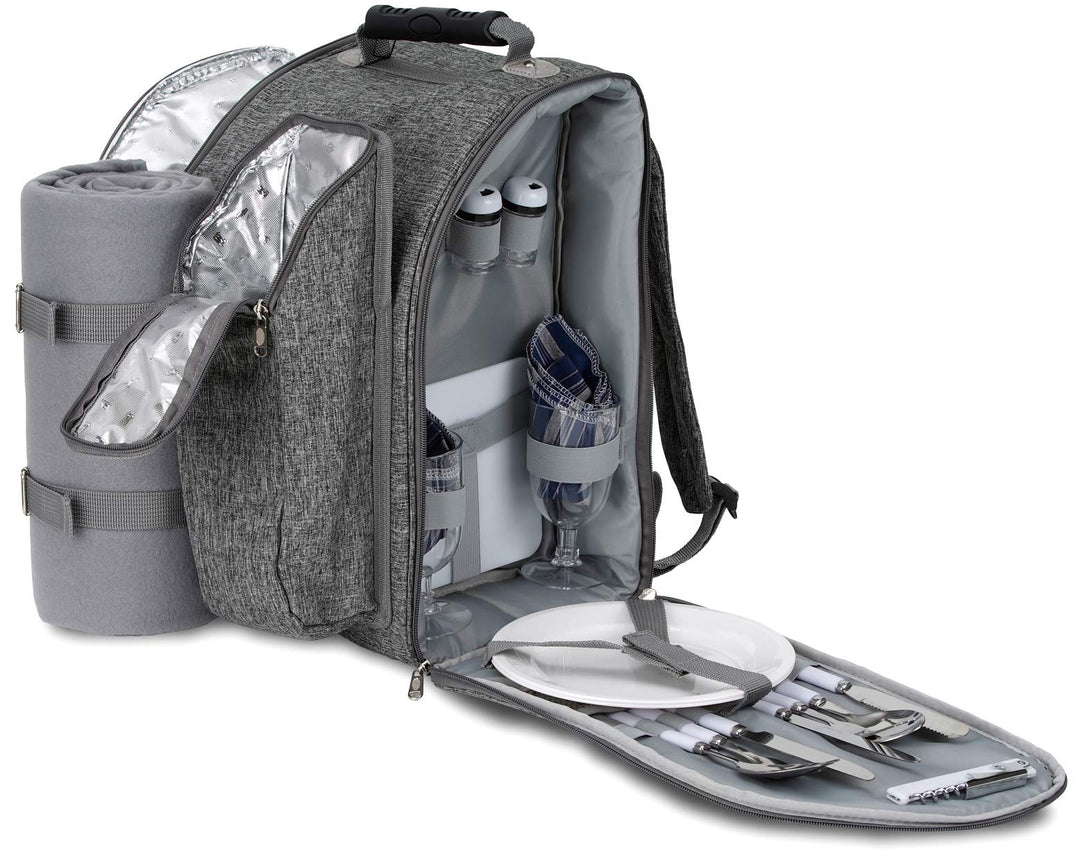 Brubaker Picknickrucksack für 2 Personen Grau 28 × 40 × 22 cm - mit Kühlfach, Iso-Flaschenhalter und