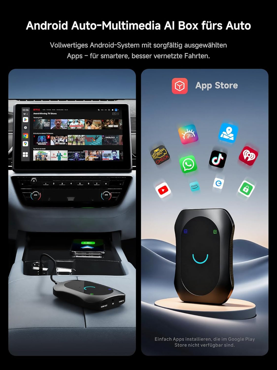 CarPlay Android Auto Wireless Adapter + Android OS, 8GB+128GB Car VideoBox mit HDMI In/Out, 4G LTE,