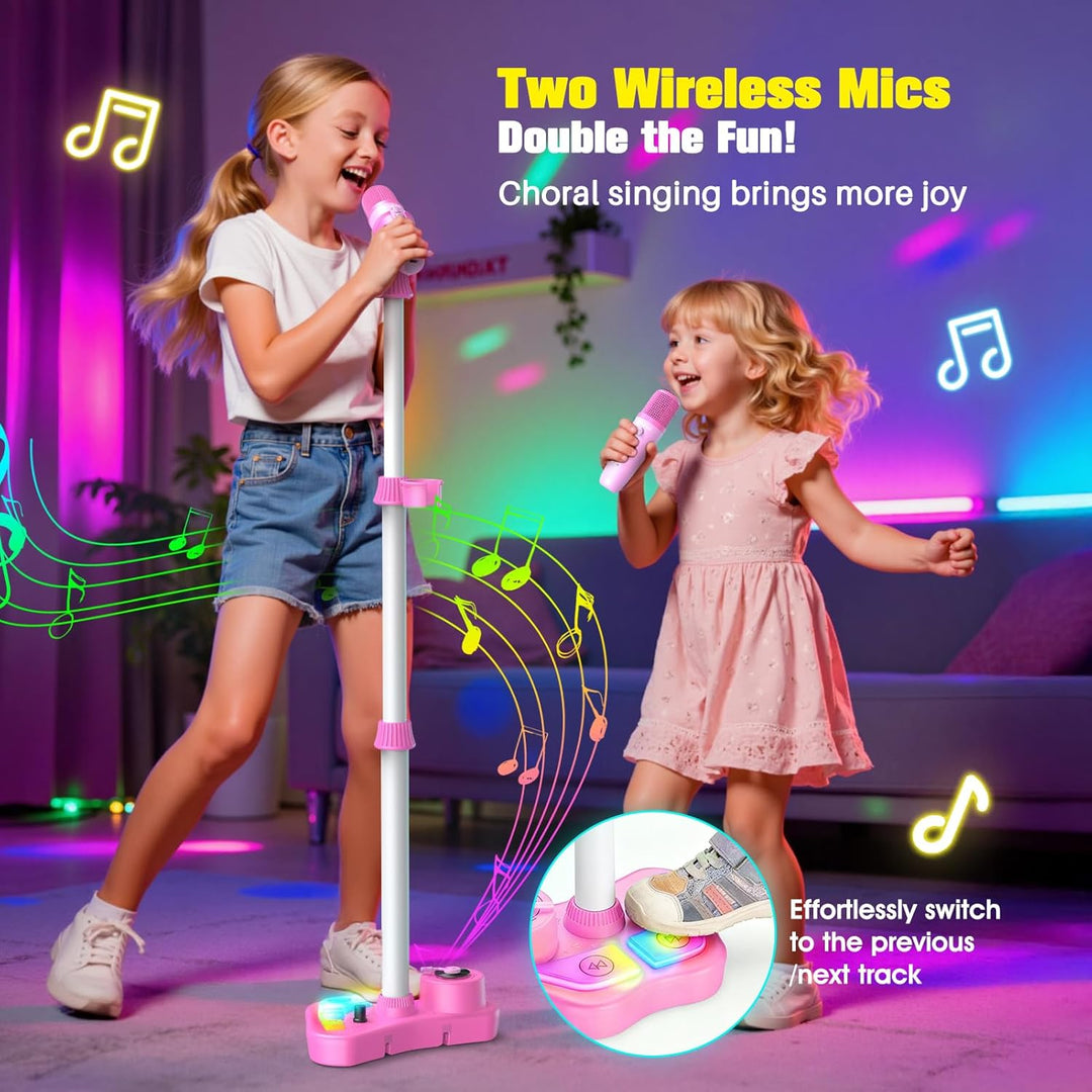 Karaoke Maschine und 2 Mikrofon Kinder mit Verstellbarer Ständer, Geschenk Spielzeug für Mädchen 3-1