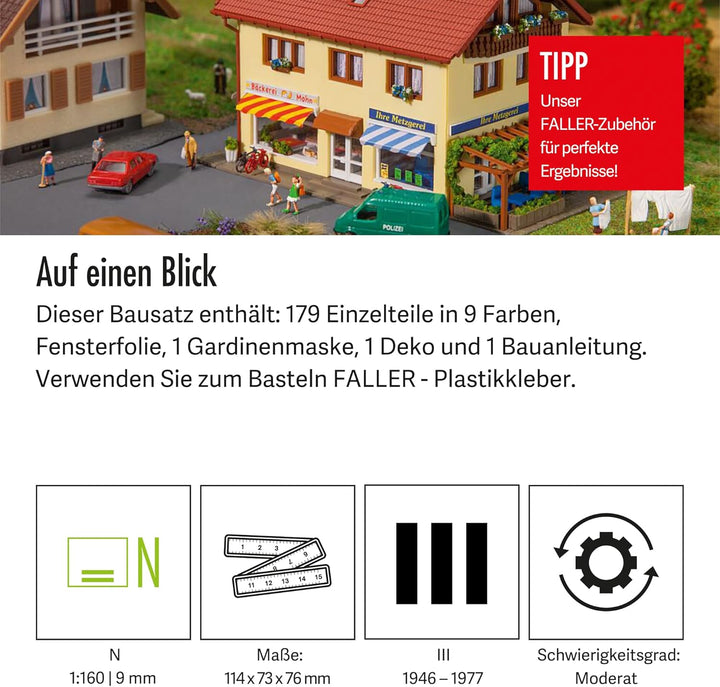 FALLER Metzgerei/Bäckerei Modellbausatz mit 179 Einzelteilen 114 x 73 x 76 mm I Modelleisenbahn Zube