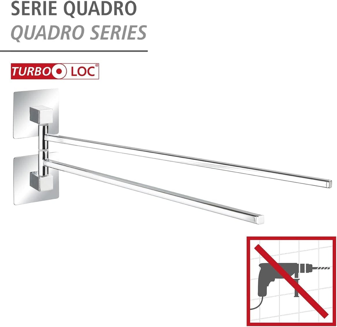 WENKO Turbo-Loc Edelstahl Handtuchhalter Quadro, 2 bewegliche Arme, Befestigen ohne Bohren, Edelstah