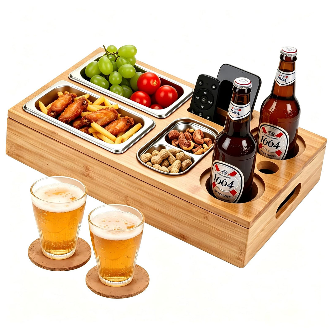 Couchbar Snackbox, Bambus Sofa Tablett mit 2 Getränkehaltern | 3 Snackschalen aus Edelstahl, Geschen