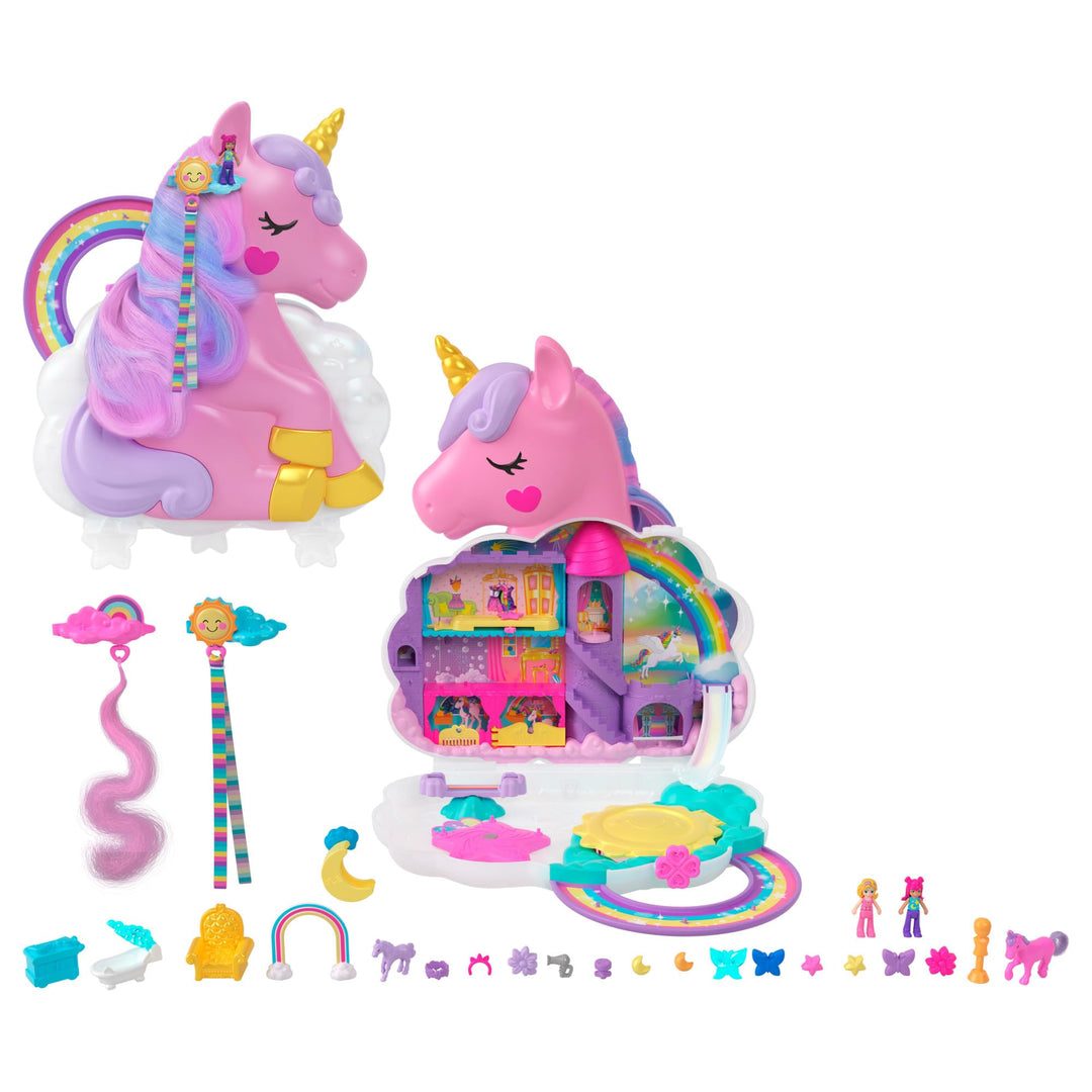 Polly Pocket Mini-Spielzeug, Regenbogen-Einhorn-Salon-Styling-Kopf und Spielset mit 2 kleinen Puppen