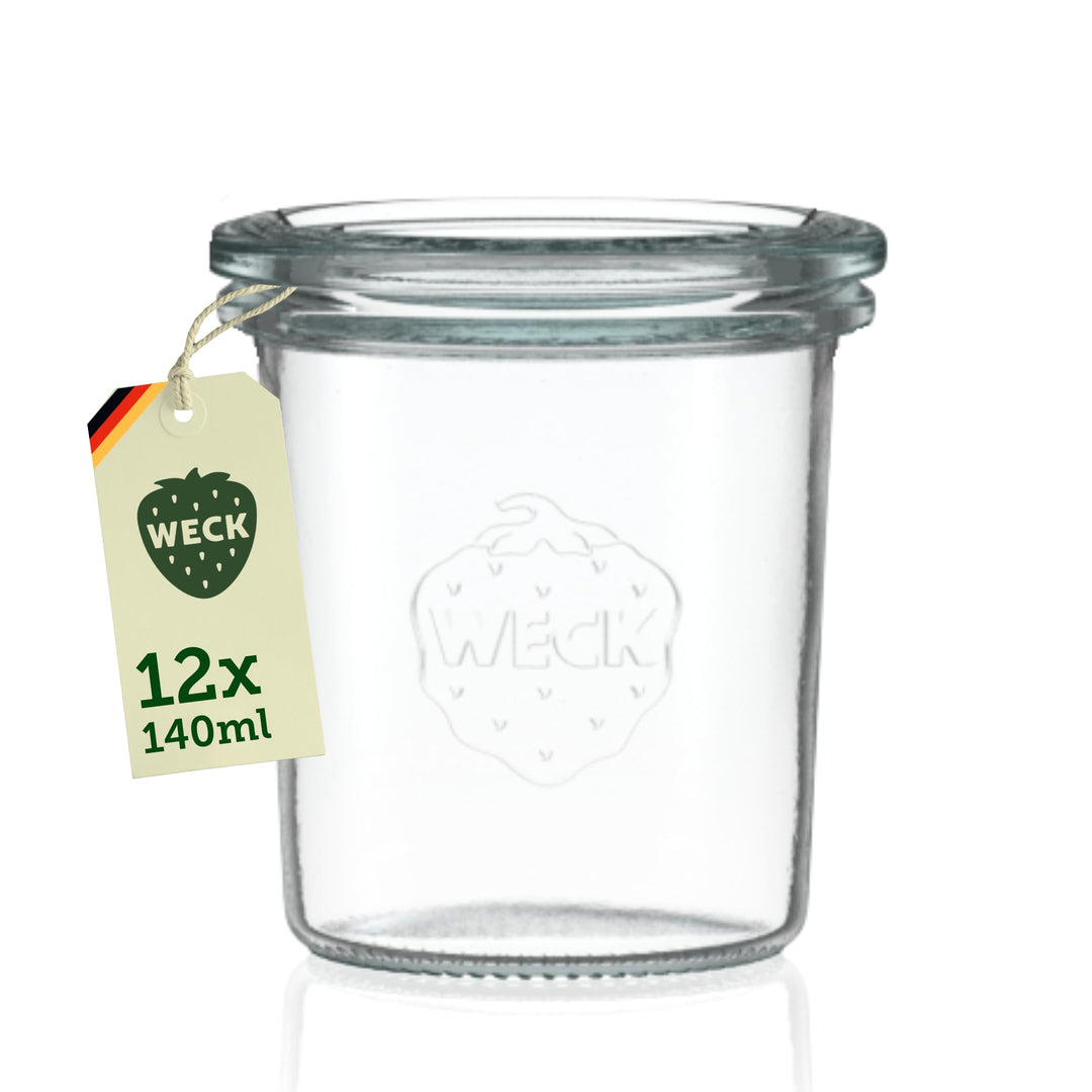 Weck Gläser 140ml – 12er Set mit Deckeln – Sturzform – robuste, stapelbare Dessertgläser, Einkoch- &