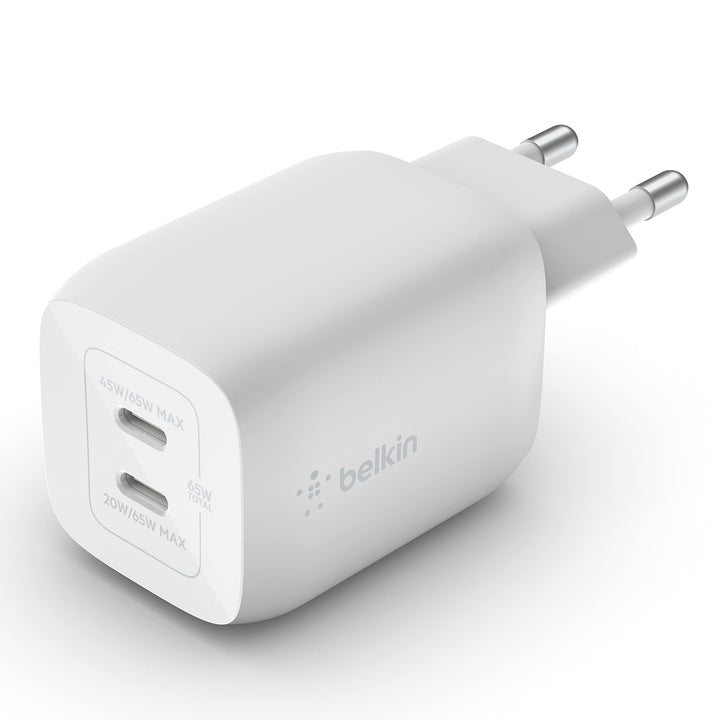 Belkin 65-W-USB-C-Ladegerät mit 2 Ports, Schnellladen mit Power Delivery3.0 und GaN-Technologie für