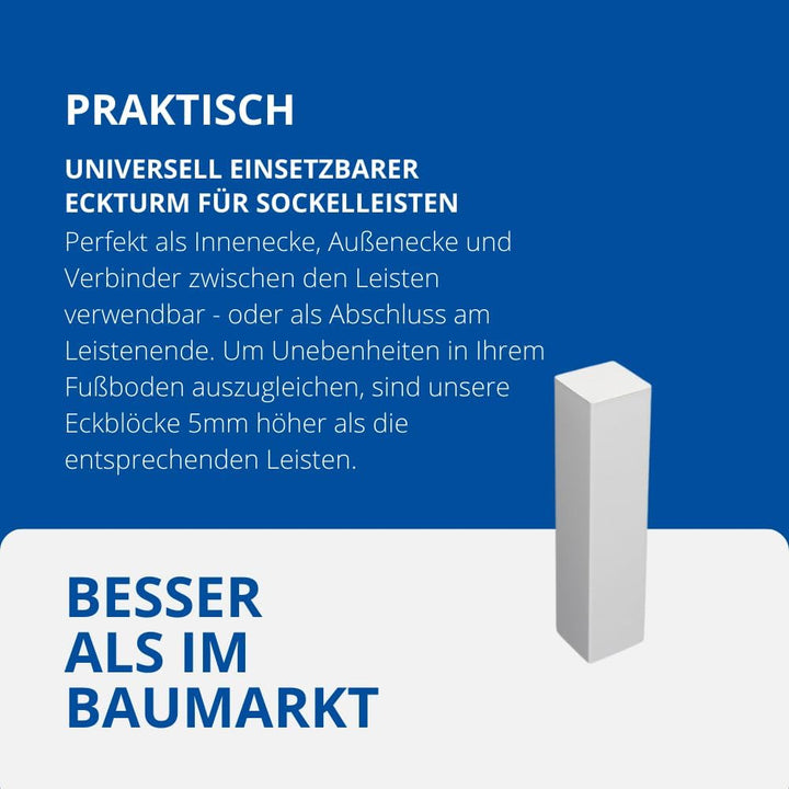 REESE | Universal Fussleisten Eckklotz Eckblock Ecke Eckturm | Buche WEISS | PREMIUM (mit Fase), 85