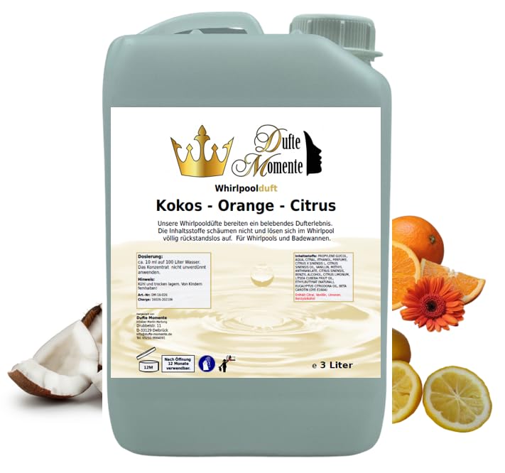 Dufte Momente | Whirlpool Duft 3 Liter | Kokos - Orange - Citrus | mit naturreinen und natürlichen ä