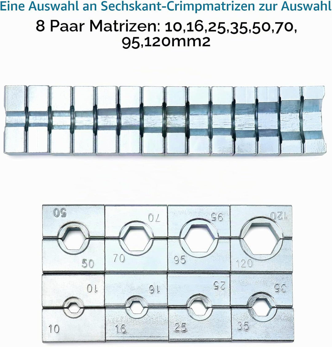 QWORK® crimpzange hydraulisch, presszange kabelschuhe,12 Tonnen, mit 8 Dies 10-120 mm² 12T, 12T