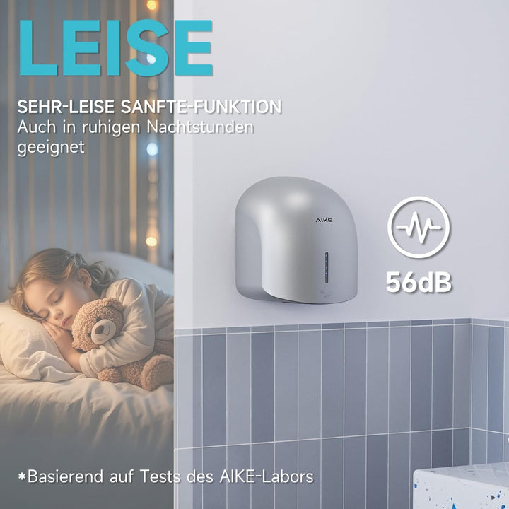AIKE GentleAir Warmluft Handtrockner, Leise für Zuhause & Bäder, AC220V-240V, Sterntal Silber, Stern