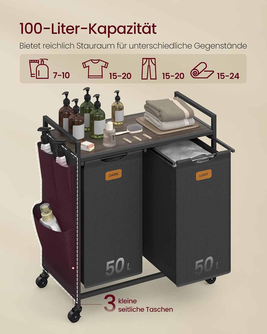 VASAGLE Wäschekorb 2 Fächer, 100 L, Wäschewagen mit Ablage, Rollen | Wäschesammler/-sortierer/-sack,