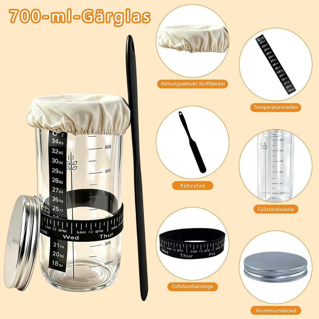 Sauerteig Starter Set mit Gärkorb, Gärglas und Brotbackzubehör | Brotbackset Mit Gärkörbchen 23CM mi