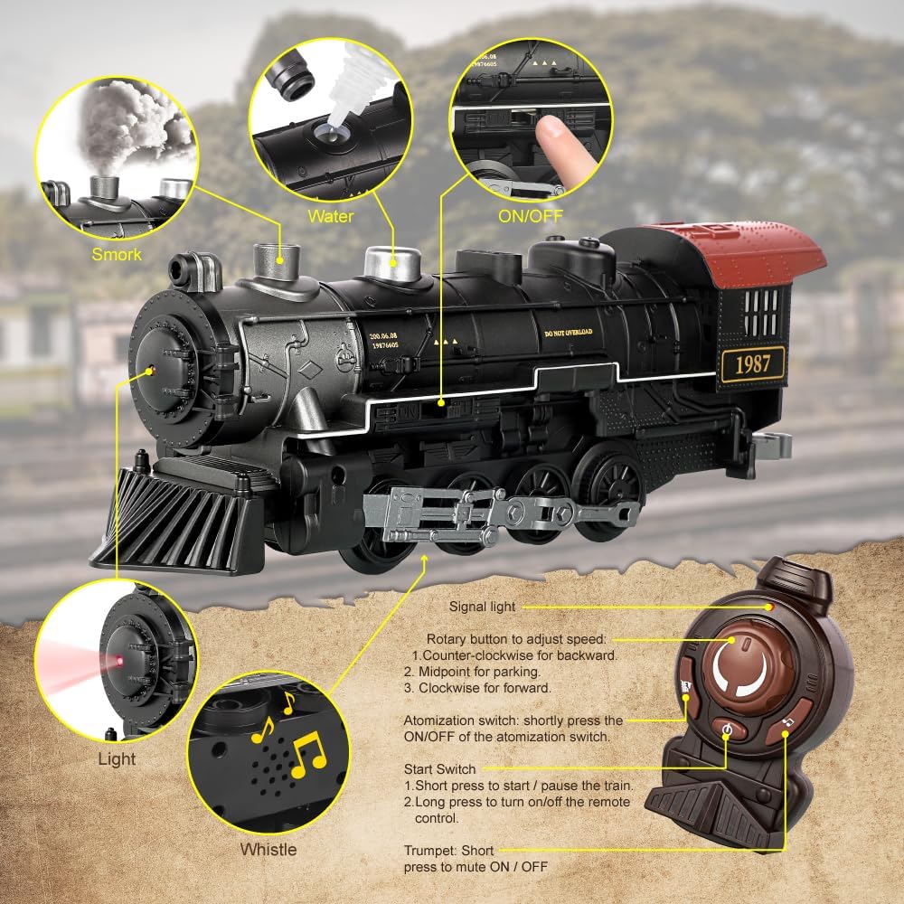 Elektrisches Zugset für Jungen - Ferngesteuerte Züge mit Dampf, Geräuschen und Lichtern, Waggons und