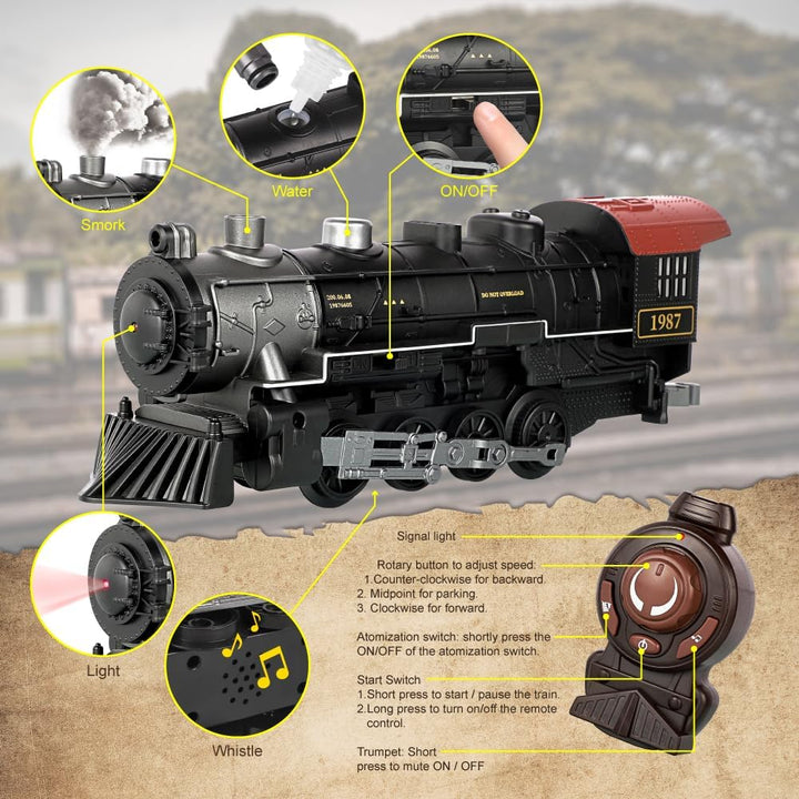 Elektrisches Zugset für Jungen - Ferngesteuerte Züge mit Dampf, Geräuschen und Lichtern, Waggons und