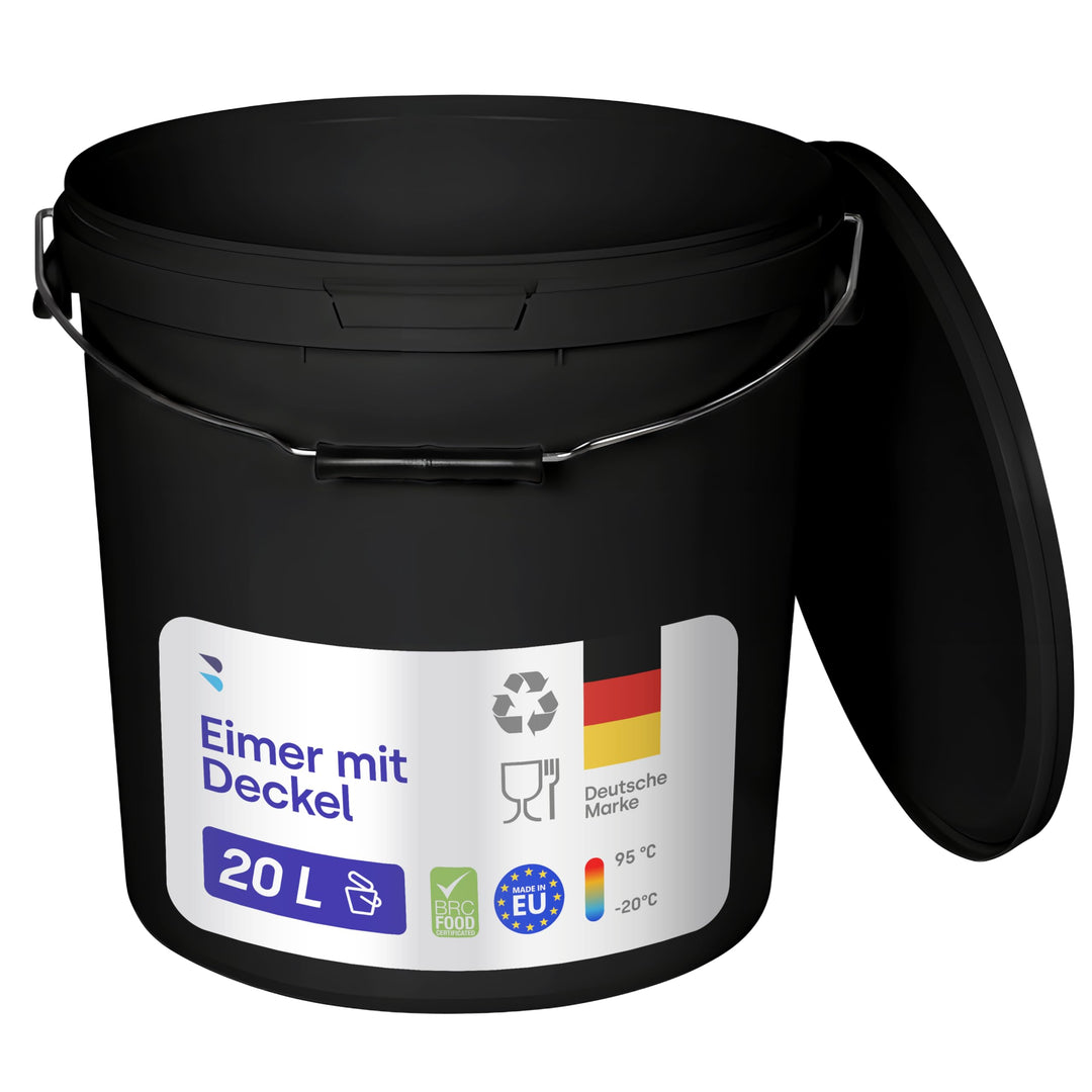 BenBow Eimer mit Deckel 20l Schwarz 10x 20 Liter - lebensmittelecht, stabil, luftdicht, auslaufsiche