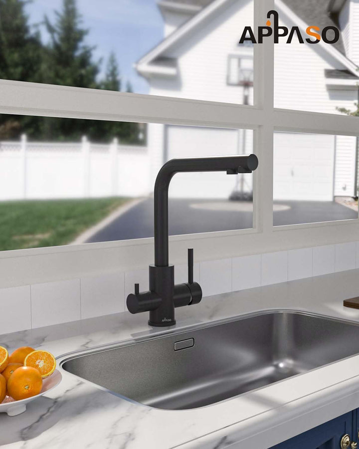 APPASO 3 Wege Wasserhahn Küche, Schwarz 3 in 1 Mischbatterie Küche für Wasserfilter, 360° Drehbar 3