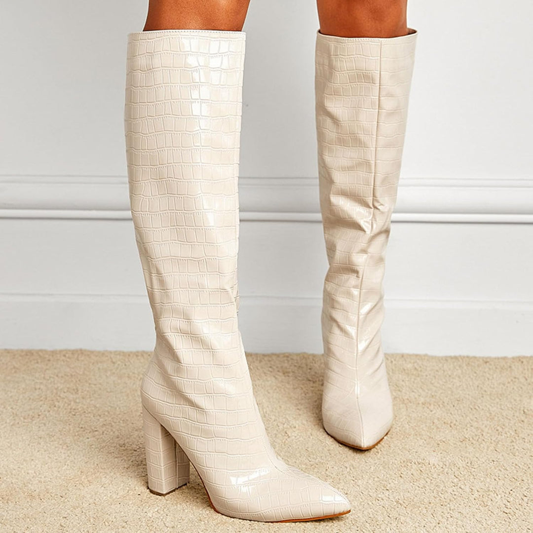 Damen Stiefeletten mit Absatz Elegant Spitz Kniehohe Stiefel für Damen, breite Wade, quadratische Ze