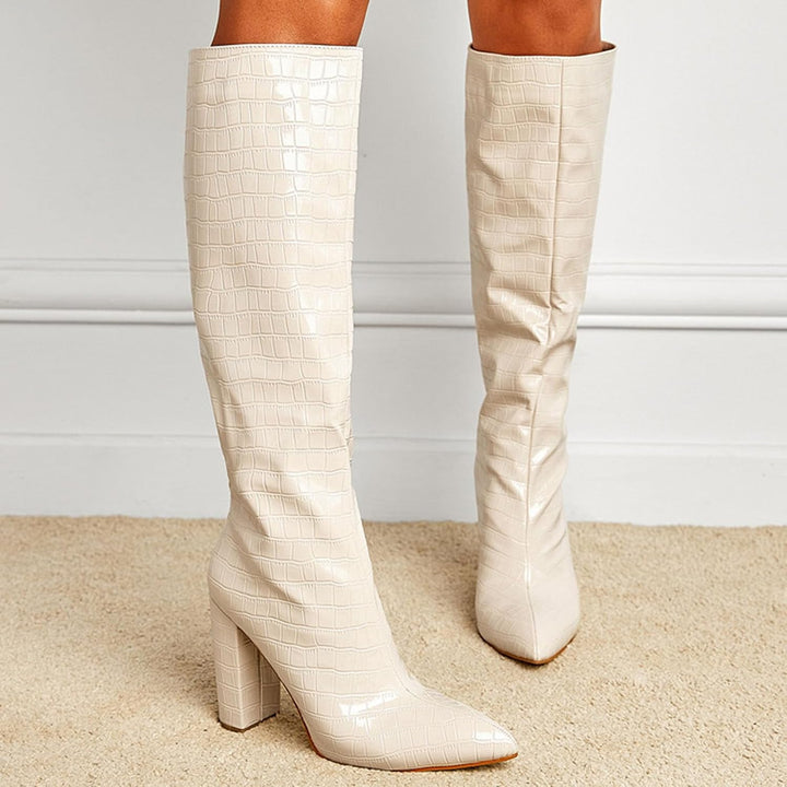 Damen Stiefeletten mit Absatz Elegant Spitz Kniehohe Stiefel für Damen, breite Wade, quadratische Ze