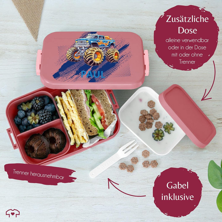 Kinder Bento Box Midi für Mepal Bentobox - Auto - Lunchbox Monstertruck mit Name Brotbox Monster Tru