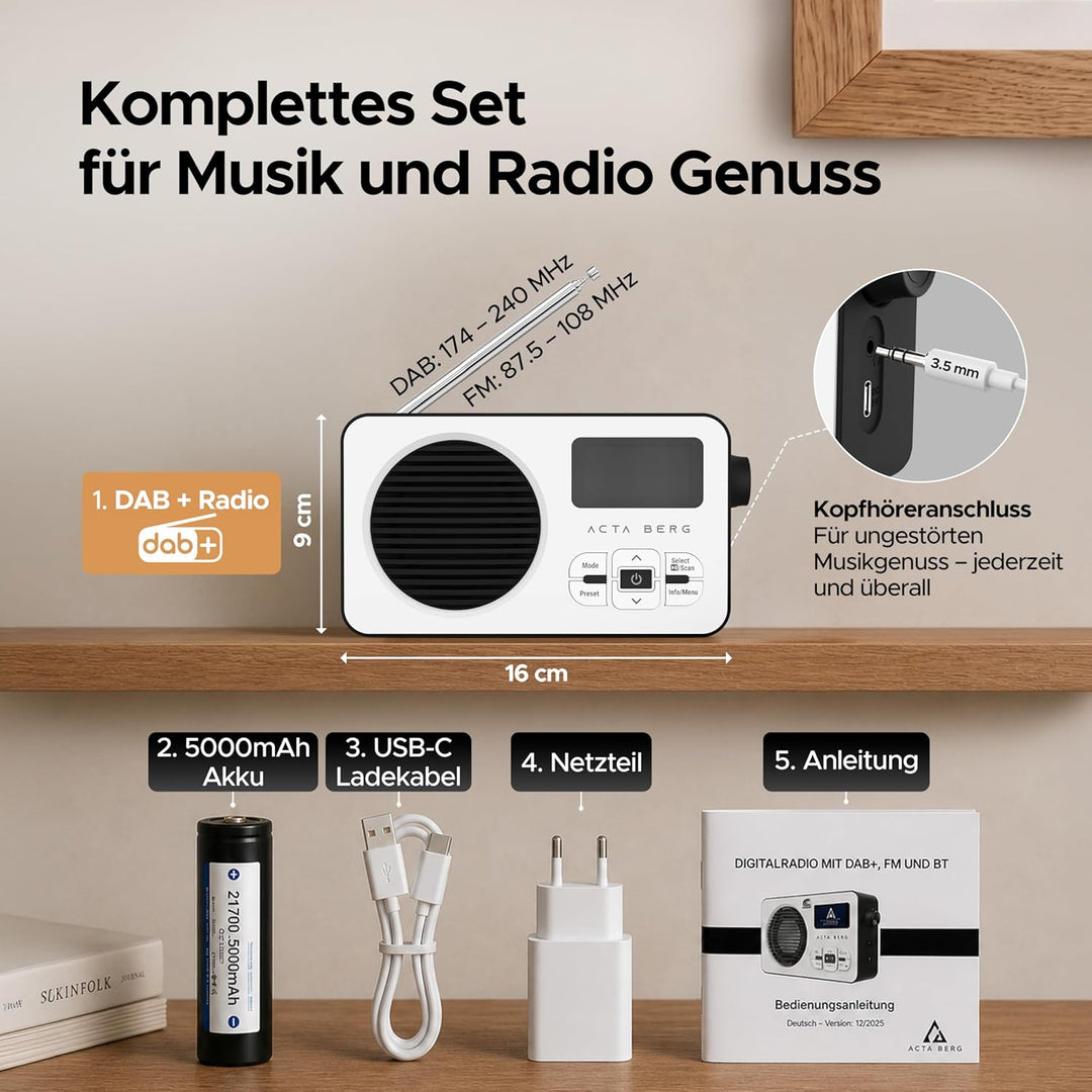 Acta Berg DAB Radio mit Akku 5000mAh austauschbar | Küchenradio mit BT 5.3 | DAB+/UKW-Radio | Digita