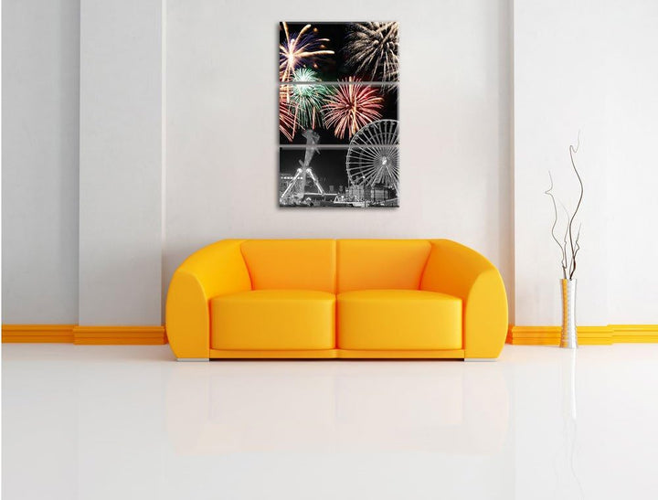 Pixxprint Silvester Feuerwerk schwarz/weiss als Leinwandbild/Grösse: 3 Teilig (120x80) cm/Wandbild/K
