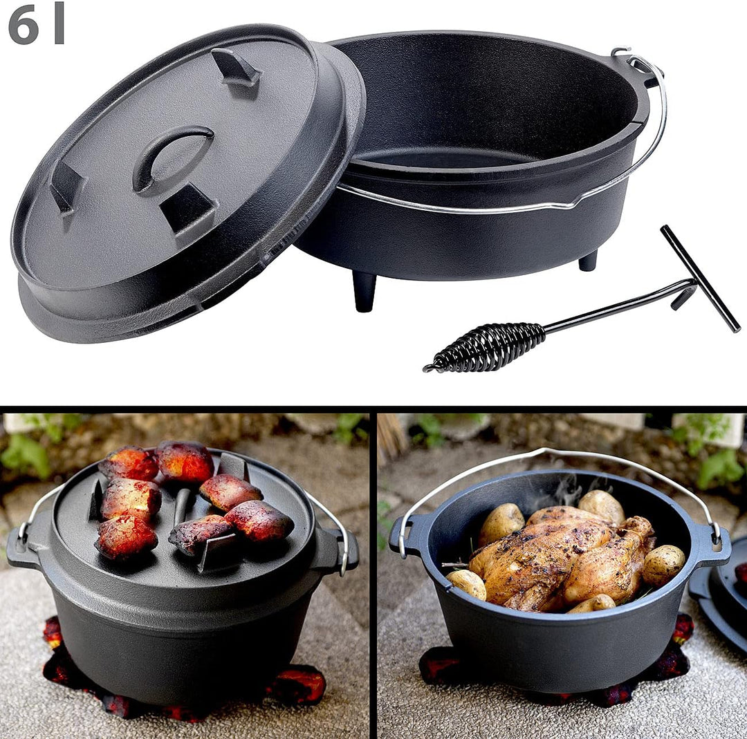 Rosenstein & Söhne Feuertopf: Dutch Oven aus Gusseisen mit Standfüssen, 2in1-Deckel & -Pfanne, 6 l (