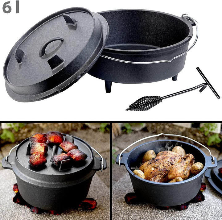 Rosenstein & Söhne Feuertopf: Dutch Oven aus Gusseisen mit Standfüssen, 2in1-Deckel & -Pfanne, 6 l (