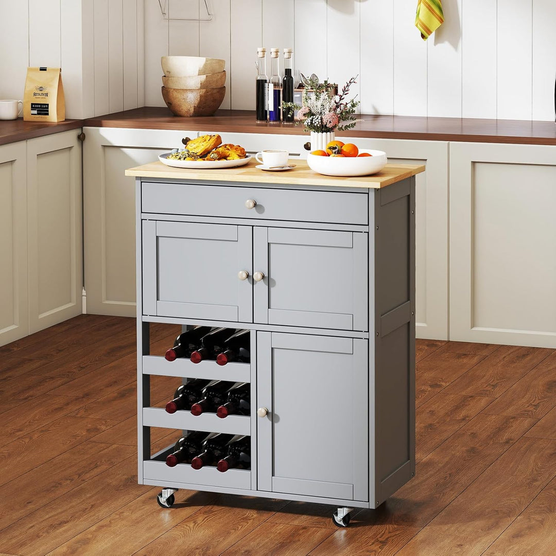 KOMFOTTEU Küchenwagen auf Rollen, Kücheninsel mit Weinregal & 2 Schränke & Schublade, Servierwagen a