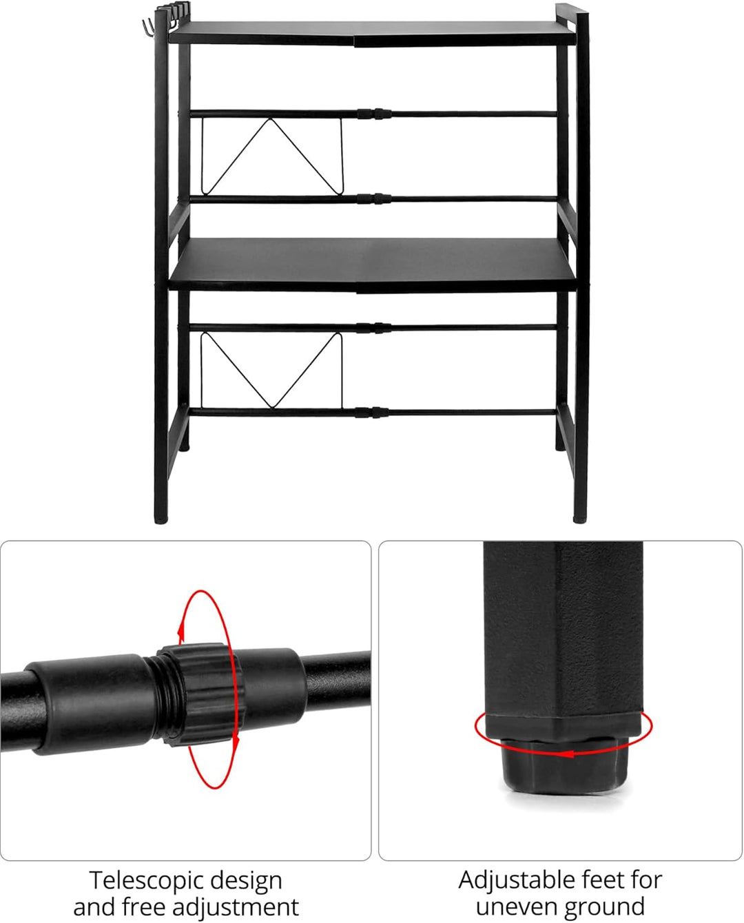 QWORK 2 Stufiges Mikrowellen Regal Ausziehbar, mikrowellen Regal, Mikrowellenständer, mit 4 Haken, S