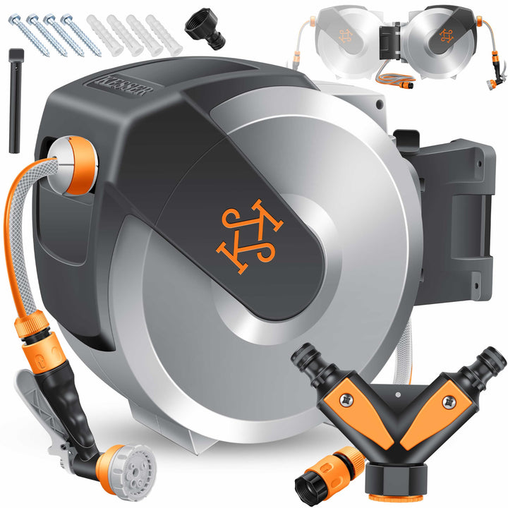KESSER® Schlauchtrommel mit Gartenschlauch 25m | Wasserschlauchtrommel zur Wandmontage | Wandhalteru