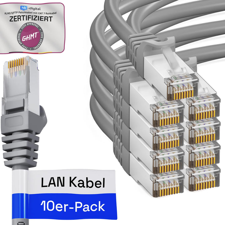 HB-DIGITAL 10x 0,25m LAN Kabel RJ45 Patchkabel mit CAT 7 Rohkabel S/FTP - GHMT zertifiziert - 10 Gig